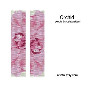 May include: A peyote stitch beading pattern for a bracelet featuring a pink orchid flower. The pattern is shown in two sections, with the flower design repeated on each side. The text "Orchid peyote bracelet pattern" is displayed below the image. The website address "lariata.etsy.com" is displayed at the bottom of the image.