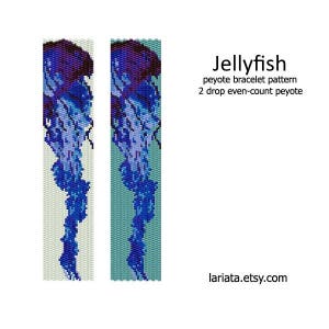 May include: A beading pattern for a jellyfish bracelet, using the 2-drop even-count peyote stitch. The pattern is shown in two colorways, one with a white background and one with a blue background.