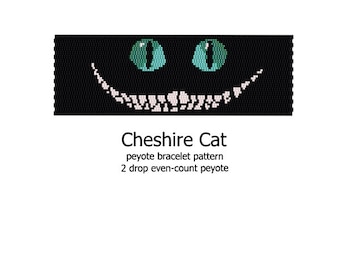 Cheshire Cat - even count 2 drop peyote stitch cuff bracelet beading pattern INSTANT DOWNLOAD peyoted beaded seed bead wide cuff magic cat