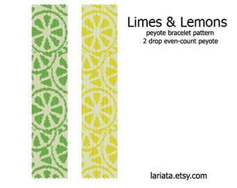 Limes and Lemons - even count 2 drop peyote stitch cuff bracelet beading pattern INSTANT DOWNLOAD peyoted pattern citrus fruit lime lemon