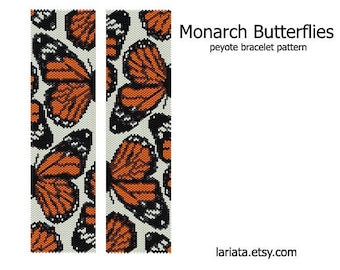 Monarch Butterflies - even count peyote stitch cuff bracelet beading pattern INSTANT DOWNLOAD peyoted beaded butterfly wings wide design