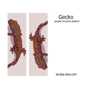 May include: A peyote stitch beading pattern for a bracelet featuring a colorful gecko. The pattern is shown on a white background with the words "Gecko peyote bracelet pattern" and "lariata.etsy.com".