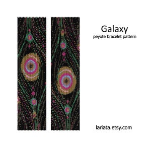 May include: A digital peyote bracelet pattern titled "Galaxy." The design features two vertical panels with a black background and colorful beadwork. The pattern includes gold, pink, teal, and green accents, with the text "Galaxy peyote bracelet pattern."