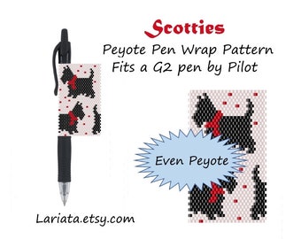 Peyote Stitch Beading Pattern (Pen Wrap/Cover) - Scotties - instant download peyoted beaded seed bead pattern pen wrap cover pet black dog