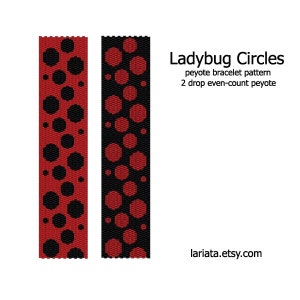 Peut inclure: Un modèle de tissage de perles pour un bracelet avec un motif de coccinelle. Le motif s'appelle "Ladybug Circles" et est un motif de bracelet peyote. Le motif est pour un point peyote à 2 gouttes et à nombre pair. Le motif est présenté en deux coloris, l'un avec des perles rouges et noires, et l'autre avec des perles noires et rouges.