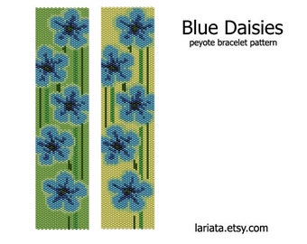 Blue Daisies - even count peyote stitch cuff bracelet beading pattern INSTANT DOWNLOAD peyoted beaded floral flower bloom blossom daisy