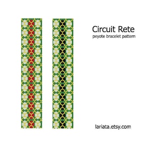 May include: Two peyote stitch beading patterns for bracelets. The pattern on the left has a red, white, and yellow stripe. The pattern on the right has a black, white, and yellow stripe. The patterns are called "Circuit Rete".
