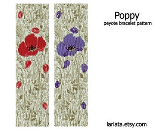 Poppy Design - even count peyote stitch cuff bracelet bookmark tapestry beading pattern INSTANT DOWNLOAD floral wild flower peyoted pattern