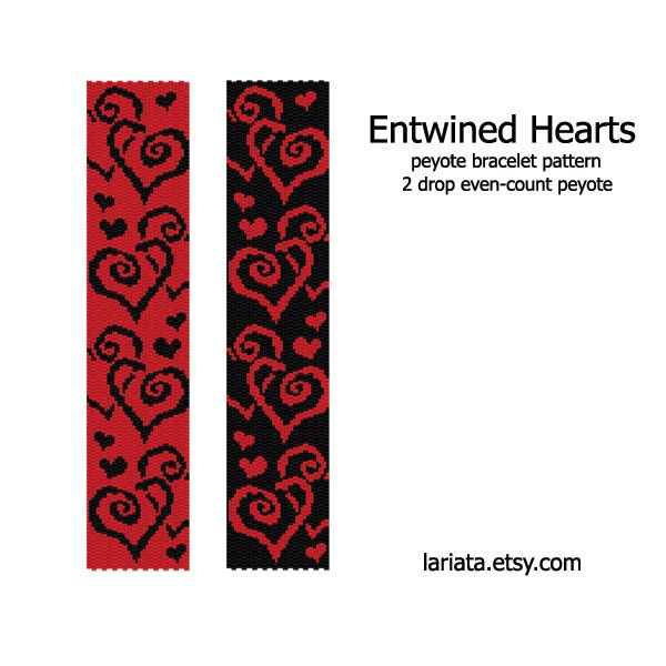 Entwined Hearts - even count 2 drop peyote stitch cuff bracelet bookmark beading pattern INSTANT DOWNLOAD peyoted seed bead pattern heart