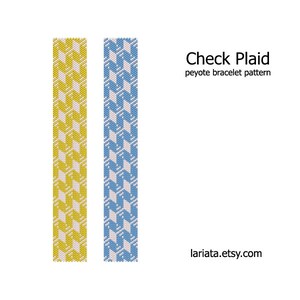 May include: Two peyote stitch bracelet patterns, one in yellow and white, the other in blue and white. The patterns are called "Check Plaid" and are available on lariatat.etsy.com.