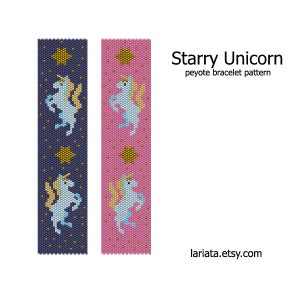 Puede incluir: Un patrón de abalorios de punto peyote para un brazalete con un unicornio con estrellas. El patrón se muestra en dos variaciones de color: azul y rosa.