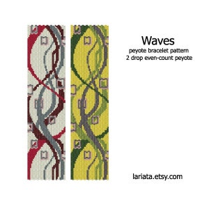 May include: Two peyote stitch beading patterns for bracelets, one with red, gray, and white beads, and the other with green, gray, and yellow beads. The patterns are called "Waves" and are 2-drop even-count peyote. The text "lariata.etsy.com" is at the bottom of the image.