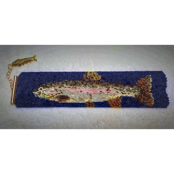 Rainbow Trout Fish Even Count Peyote Stitch Cuff Bracelet