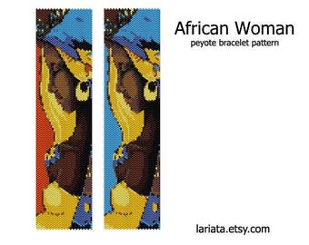 African Woman - even count peyote stitch cuff bracelet bookmark tapestry beading pattern INSTANT DOWNLOAD peyoted beaded black girl portrait