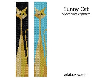 Sunny Cat - even count peyote stitch cuff bracelet bookmark beading pattern INSTANT DOWNLOAD peyoted beaded adorable kitty cat kitten design