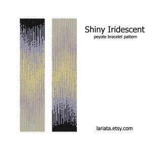 May include: A beading pattern for a bracelet with a gradient of black, blue, yellow, and white beads. The pattern is called "Shiny Iridescent" and is a peyote stitch bracelet pattern. The pattern is available on the website lariatat.etsy.com.