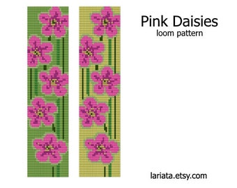 Pink Daisies - bead LOOM cuff bracelet beading pattern INSTANT DOWNLOAD seed bead square stitch floral flower blossom bloom blooming daisy