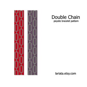 Pode incluir: Dois padrões de pulseira de ponto peyote, um em vermelho e branco, e outro em roxo e branco. Os padrões são chamados de "Double Chain".