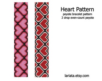 Heart Pattern - even count 2 drop peyote stitch cuff bracelet beading pattern INSTANT DOWNLOAD peyoted seed bead heart love valentine's day