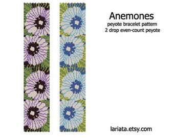 Anemones - even count 2 drop peyote stitch cuff bracelet beading pattern INSTANT DOWNLOAD peyoted anemone seed bead pattern floral flower