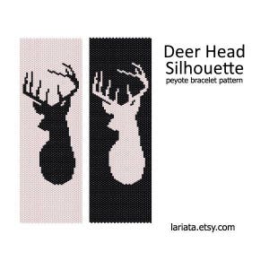 May include: Two black and white peyote stitch beading patterns for a deer head silhouette bracelet. The patterns are shown side-by-side, one with a white deer on a black background and the other with a black deer on a white background. The text "Deer Head Silhouette peyote bracelet pattern" is shown above the patterns.