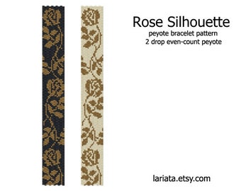 Rose Silhouette - even count 2 drop peyote stitch cuff bracelet beading pattern INSTANT DOWNLOAD peyoted beaded flower floral branch blossom