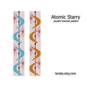 May include: A peyote stitch beading pattern for a bracelet with a retro atomic starburst design. The pattern features a repeating motif of boomerang shapes and stars in blue, orange, and pink.