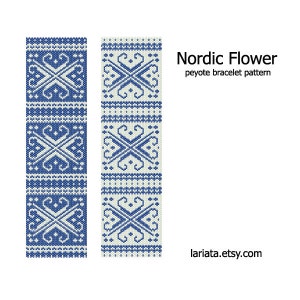 May include: A peyote stitch beading pattern for a bracelet featuring a repeating geometric design with blue and white beads. The pattern is called "Nordic Flower".