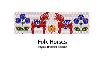 Folk Horses - even count peyote stitch cuff bracelet beading pattern INSTANT DOWNLOAD peyoted beaded seed bead pattern native floral horse