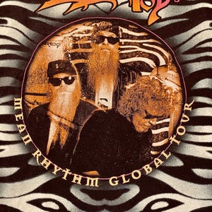 May include: Black and white zebra print t-shirt with a band logo for ZZ Top's "Mean Rhythm Global Tour". The logo features a photo of the band members in a circle.