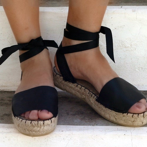 ESPADRILLES SANDALS in Black Leather 