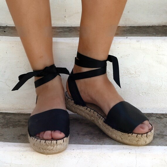 ESPADRILLES SANDALS in Black Leather. Summer Flat Shoes. -  UK