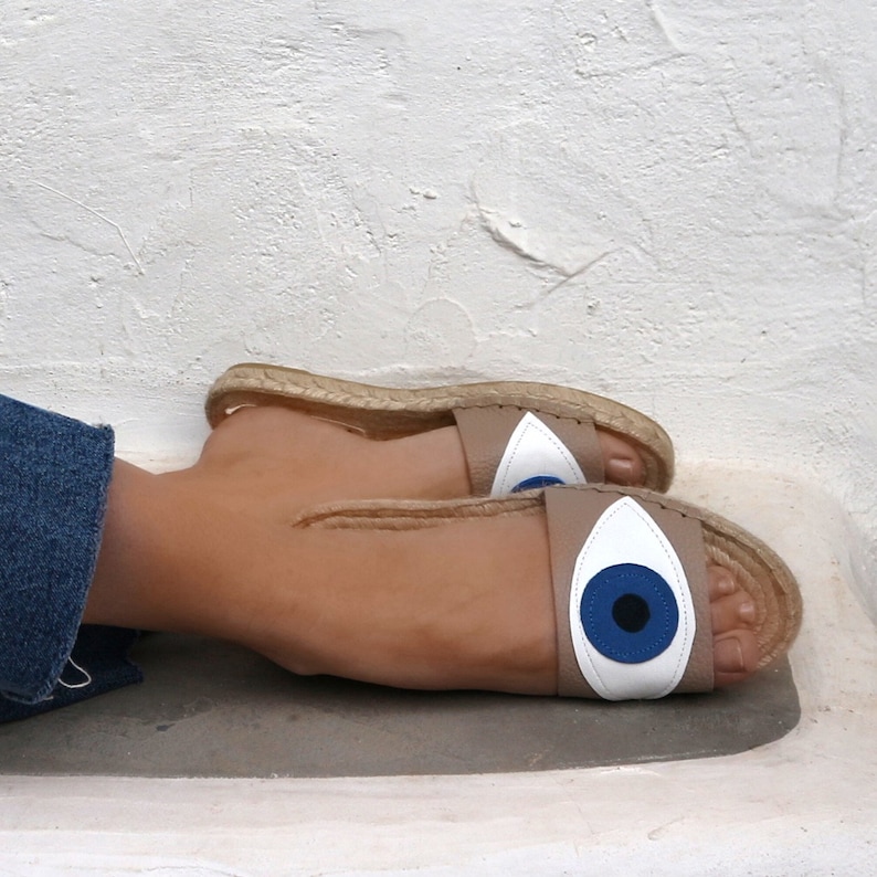 EVIL EYE SANDALS in Beige. Leather Espadrilles Slides