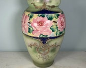 Antique Nippon Moriage Vase Celadon green w pink Roses Hand Painted gold accents