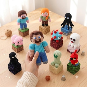 Pacchetto di schemi all'uncinetto in PDF per personaggi Pixel Block in stile Minecraft, avventura mineraria amigurumi, adatto ai principianti
