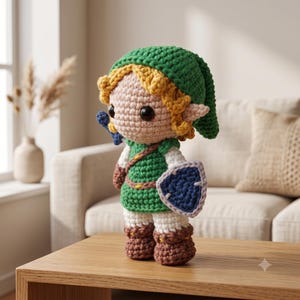 Peut inclure: Une poupée au crochet représentant un personnage aux cheveux blonds, portant un bonnet pointu vert et une tunique verte. La figurine a de grands yeux noirs, des oreilles pointues et des bottes marron. Elle porte un bouclier bleu et une épée bleue.