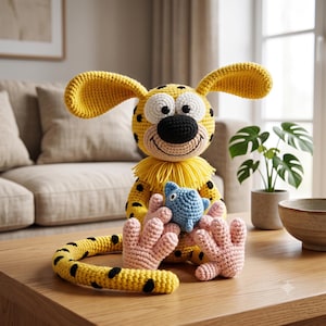 Peut inclure: Une peluche crochetée jaune avec des taches noires, de grandes oreilles tombantes et un nez noir. Elle possède un col à franges jaune, des mains et des pieds rose clair, et tient une petite créature crochetée bleue. Le jouet a une longue queue tachetée.