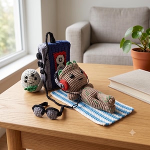 May include: A crocheted brown tree-like figure lying on a blue and white striped mat, wearing red and grey headphones connected to a blue and grey crocheted cassette player. A small grey crocheted creature and black crocheted glasses are nearby.