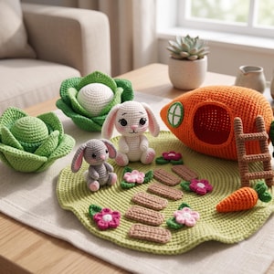 Peut inclure: Un ensemble au crochet comprenant deux choux verts, un lapin blanc, un lapin gris et une maison en forme de carotte orange avec une échelle marron. Un tapis rond vert sert de base, orné de petites fleurs roses et de pierres de gué marron.