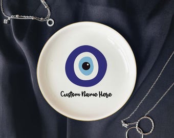 Personalized Evil Eye Jewelry Dish, Ceramic Ring Holder, gift for her