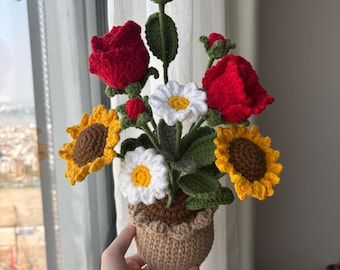 Flower Bouquet Handmade, Flower Decor for Desktop, Table, Garden of Flower in Pot, Crochet Floral Potted, Christmas Gifts for her, Mom