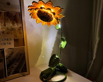 Crochet Sunflower Led Lamp, Sunflower Night Light, Tiny Home Decor, Crochet Sunflower in Pot, Sunflower Potted Plant, Knitted Flower Lamp