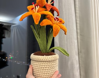 Handmade Crochet Orange Flower Pot, crochet plant, Flower Bouquet, Crochet Orange Pot, crochet bouquet, Gift for Mom Grandma, Valentine Gift