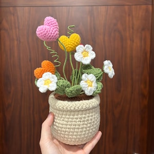 Handmade Crochet Heart Flower Pot, crocheted plant, Flower Bouquet, Crochet Heart Pot, crochet bouquet, Gift for Mom Grandma, Valentine Gift