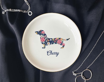 Porta-joias de cerâmica personalizado com estampa floral de dachshund, presente perfeito para amantes de cães.