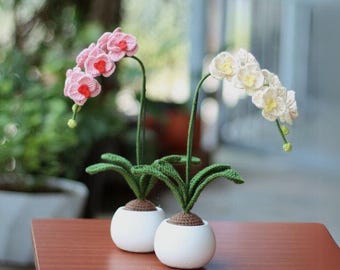 Orchid Handmade Bouquet, Flower Crochet in the pot, Custom Color Crochet Flower, Christmas Gift For Her, Orchid Crochet Basket, Desktop Deco