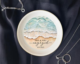 Personalized Engagement Ring Dish, Wedding Ring Dish, Ocean Wave Engagement Gift, Custom Couple Name Jewelry Tray, Beach Couple Gift