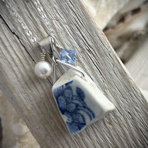 Victorian Beach Pottery Necklace | Blue Floral English Pendant, Sterling Silver, Swarovski Crystal