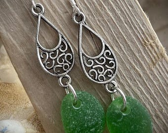 Genuine Sea Glass Earrings in Bold Kelly Green | Boho Beach Jewelry | Hook Earrings | Dangle Beachglass Earrings