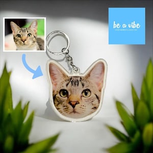 Può includere: Un portachiavi in ​​acrilico trasparente con una foto del viso di un gatto tigrato. Il portachiavi ha un anello e una catena in metallo argentato. Il testo "be a vibe" è stampato su un quadrato blu sullo sfondo.